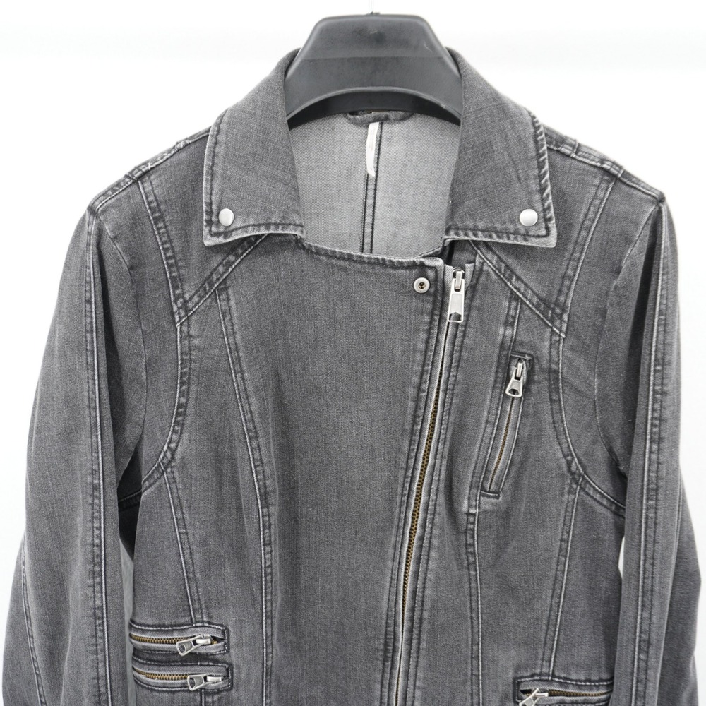 Free People Denim Moto Jacket Women's 12 Gray Zip Buckle Motorcycle - Picture 3 of 9